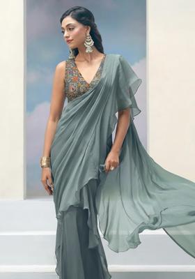 Dusty Teal Abstract Print Crepe Pre Draped Saree Set