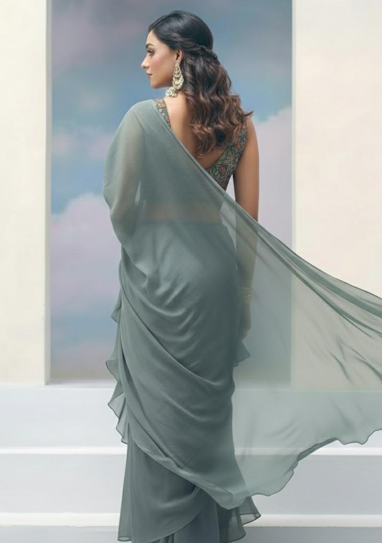 Dusty Teal Abstract Print Crepe Pre Draped Saree Set - Indya