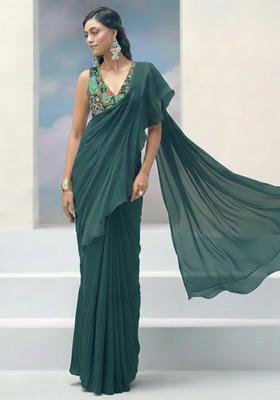 Bottle Green Abstract Print Crepe Pre Draped Saree Set