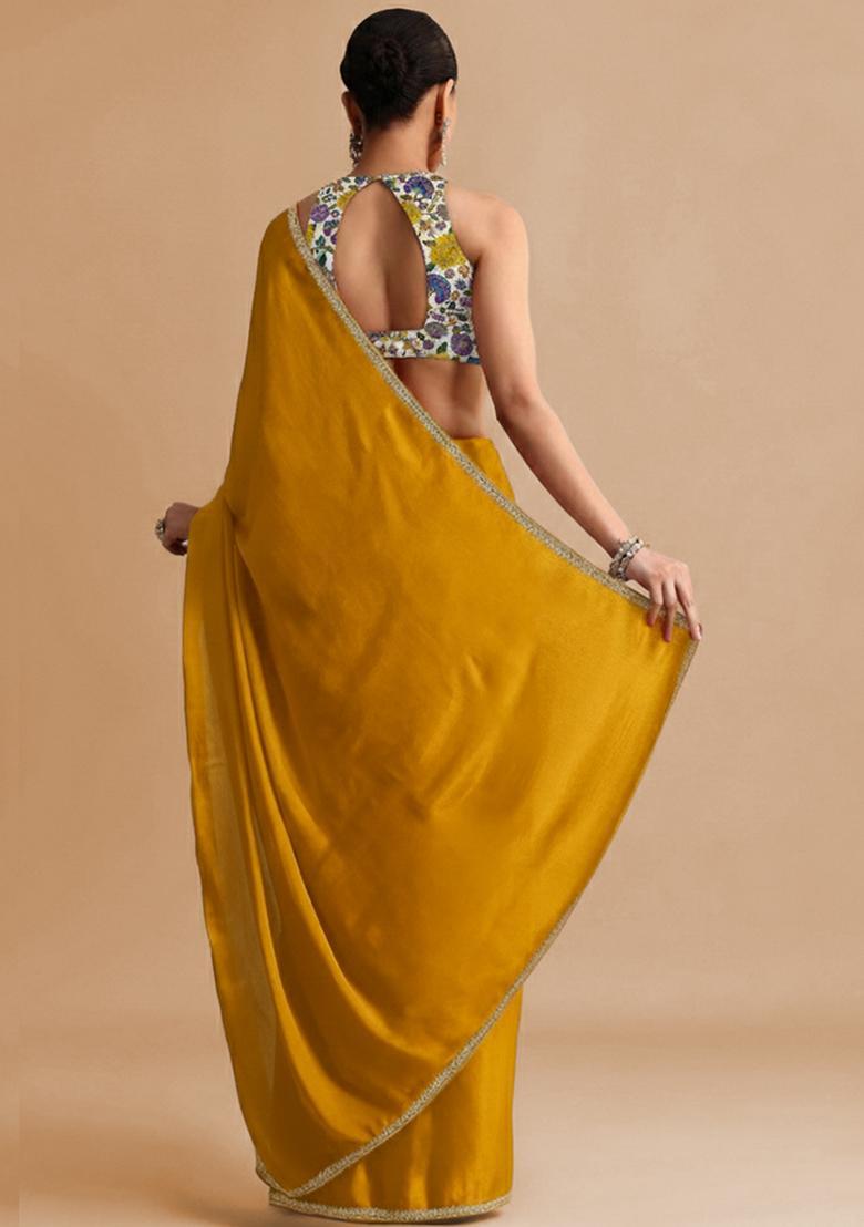 Yellow Floral Print Crepe Pre Draped Saree Set - Indya