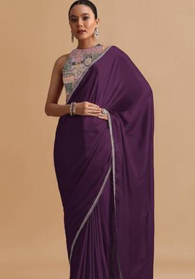 Purple Abstract Print Crepe Pre Draped Saree Set