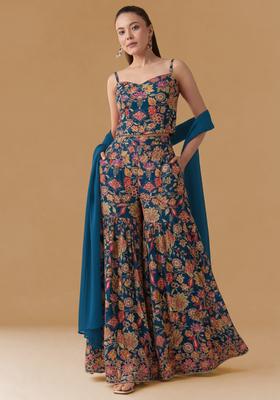 Navy Blue Floral Print Crepe Fusion Set