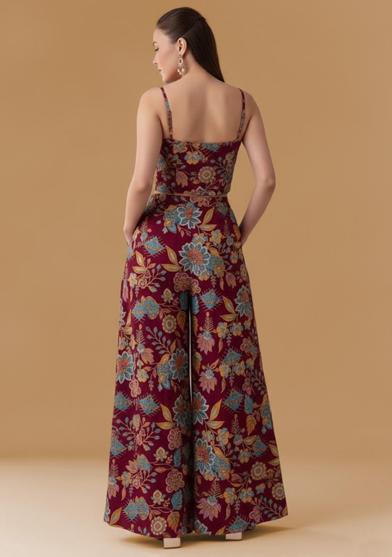 Wine Floral Print Crepe Fusion Set - Indya