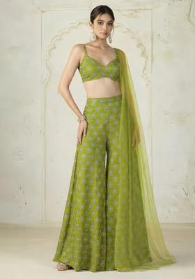 Olive Green Sequin Silk Blend Fusion Set