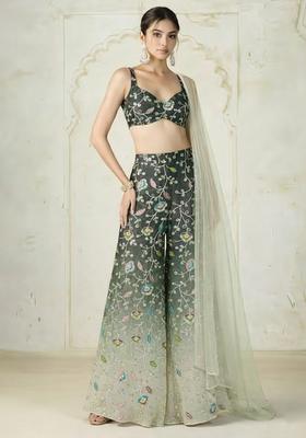Olive Green Sequin Silk Blend Fusion Set