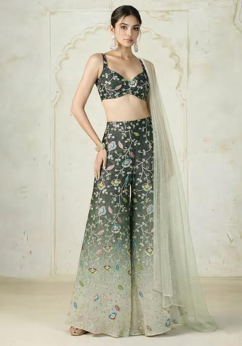 Olive Green Sequin Silk Blend Fusion Set