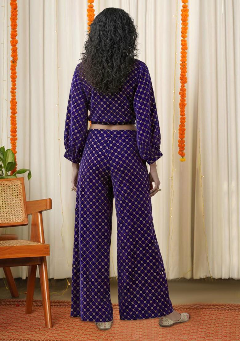 Navy Blue Embroidered Velvet Fusion Set - Indya