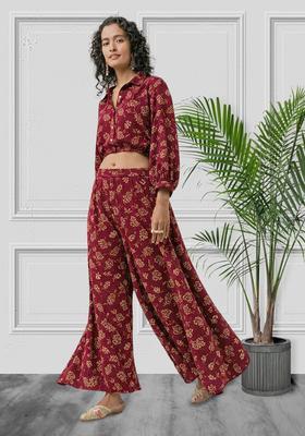 Wine Embroidered Net Fusion Set