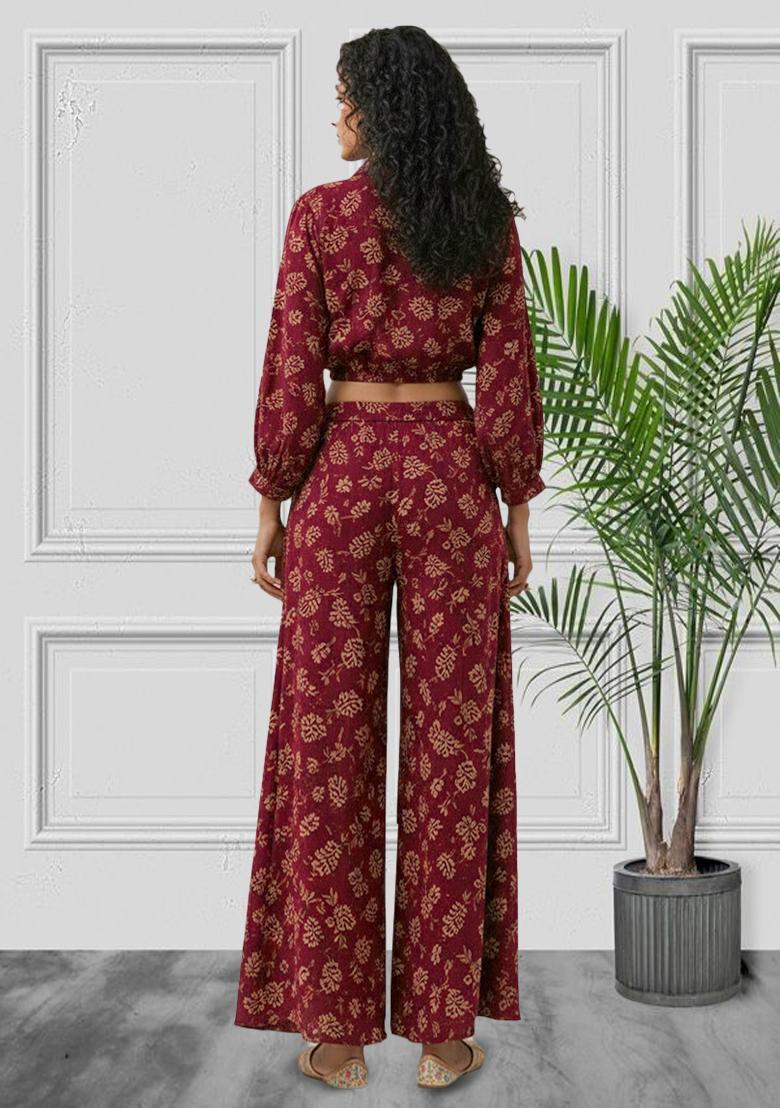 Wine Embroidered Net Fusion Set - Indya