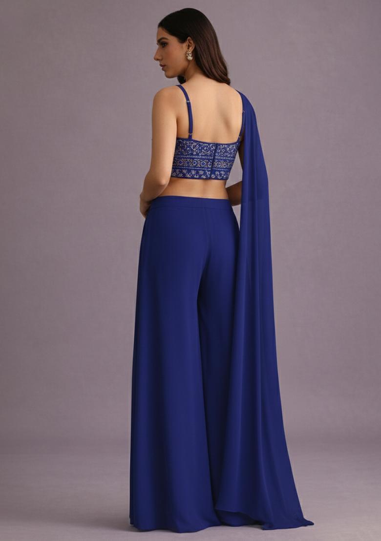 Deep Blue Mirror Work Georgette Fusion Set - Indya