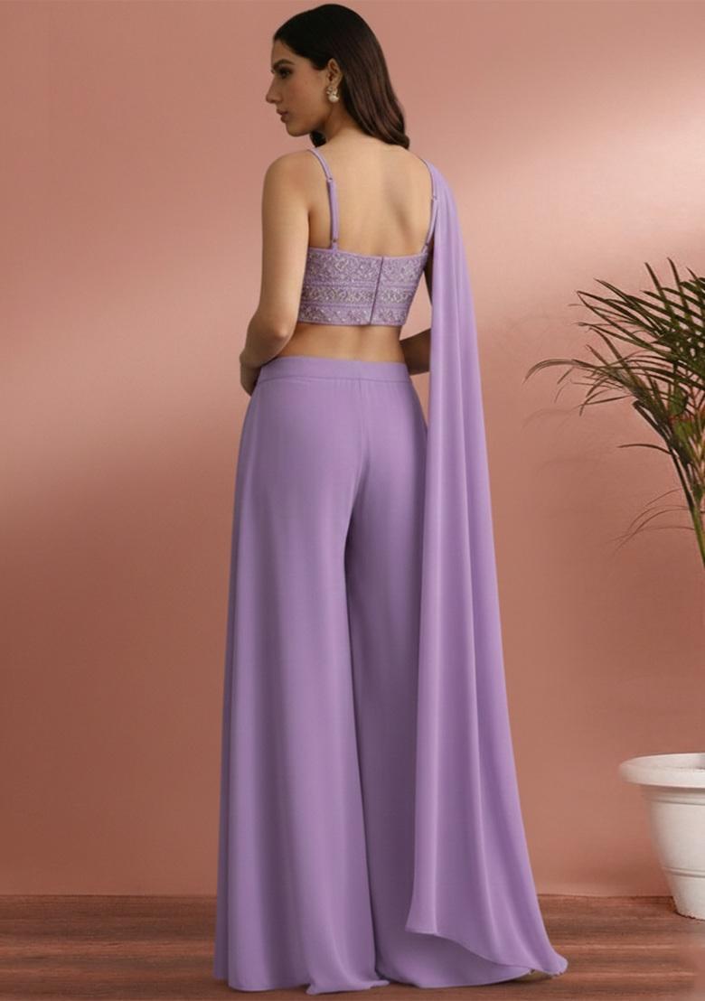 Lavender Mirror Work Georgette Fusion Set - Indya