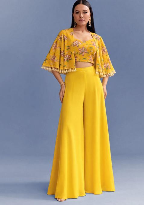 Yellow Floral Print Organza Fusion Set