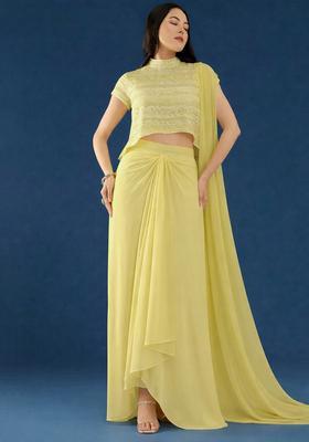 Yellow Embroidered Georgette Fusion Set