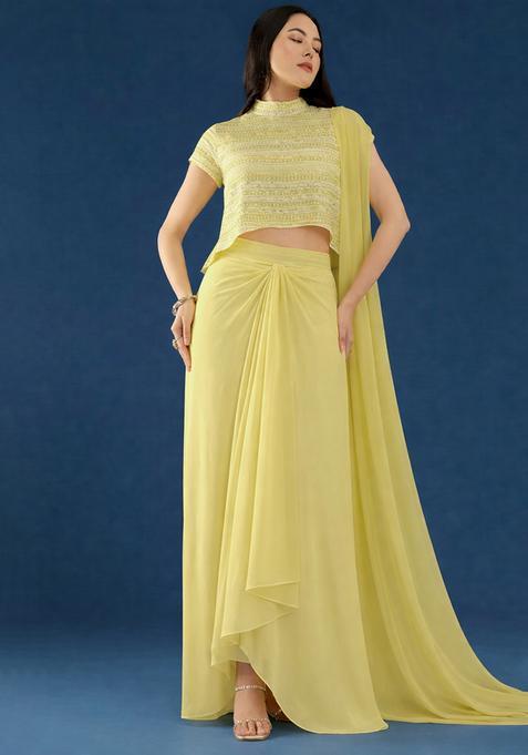Yellow Embroidered Georgette Fusion Set