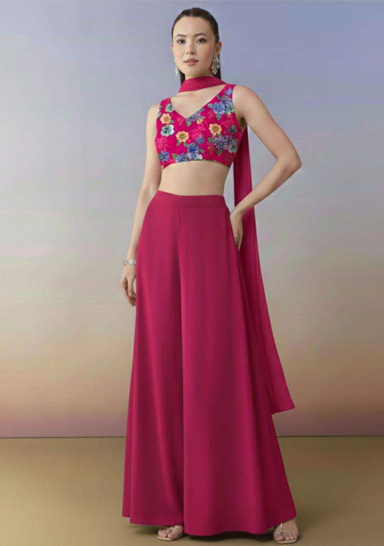 Rani Pink Abstract Print Crepe Fusion Set - Indya