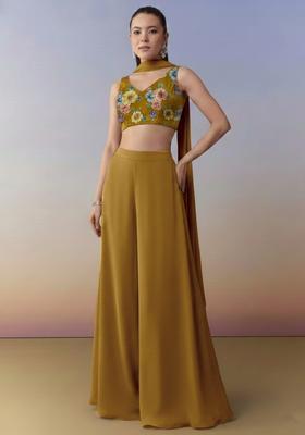 Mustard Yellow Abstract Print Crepe Fusion Set