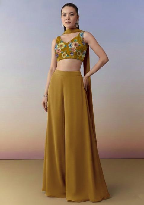Mustard Yellow Abstract Print Crepe Fusion Set