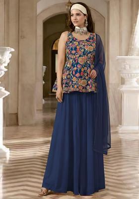 Navy Blue Floral Print Crepe Sharara Set