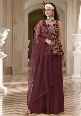 Wine Floral Print Crepe Sharara Set