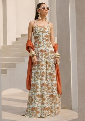 Mustard Floral Print Crepe Anarkali With Dupatta