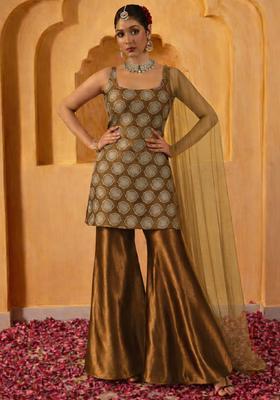 Brown Sequin Silk Blend Sharara Set
