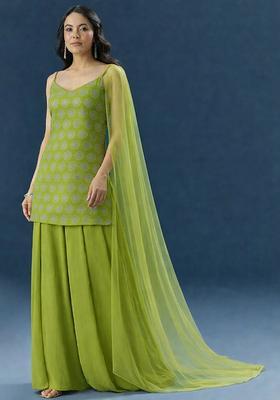 Olive Green Sequin Silk Blend Sharara Set
