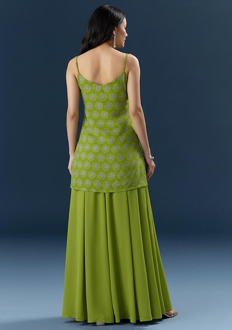 Olive Green Sequin Silk Blend Sharara Set - Indya