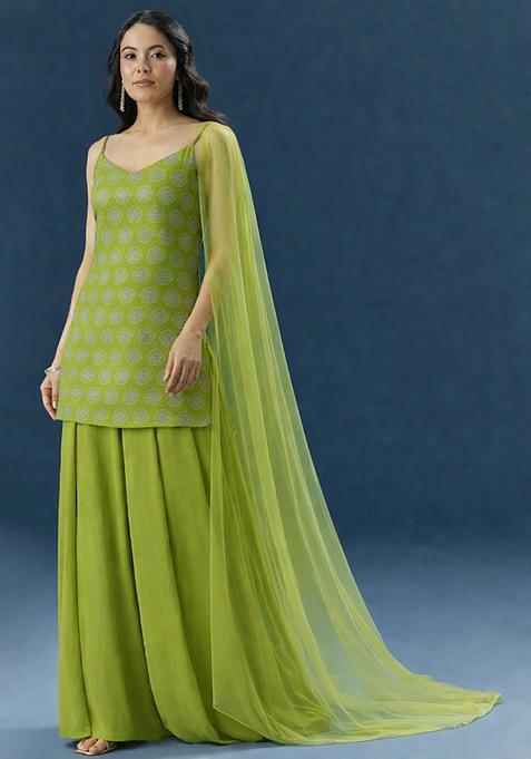 Olive Green Sequin Silk Blend Sharara Set