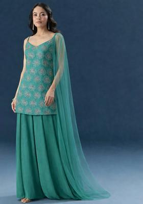 Blue Sequin Silk Blend Sharara Set