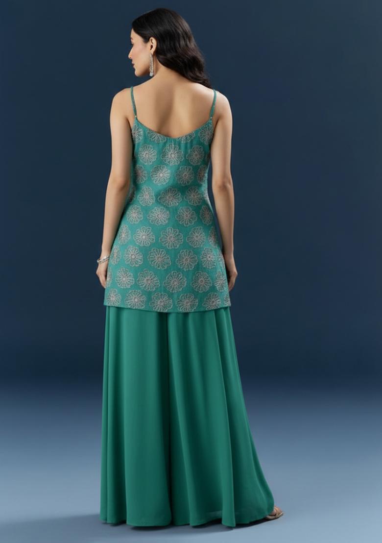 Blue Sequin Silk Blend Sharara Set - Indya