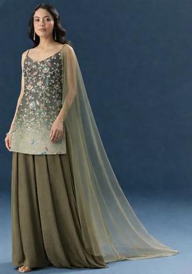 Olive Green Sequin Silk Blend Sharara Set