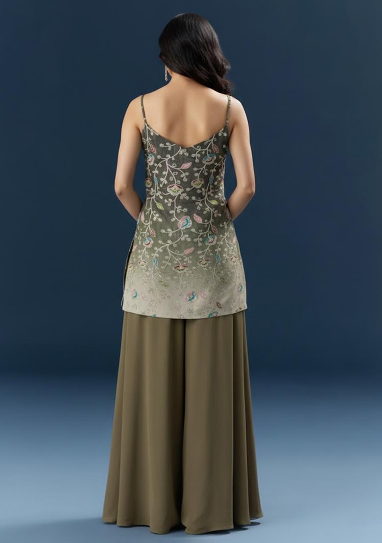 Olive Green Sequin Silk Blend Sharara Set - Indya