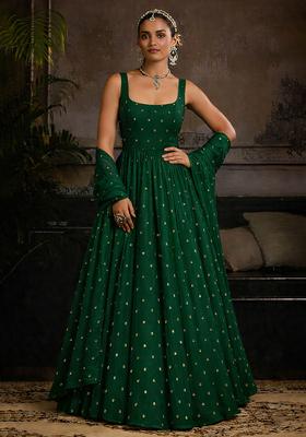 Bottle Green Mirror Work Georgette Anarkali With Dupatta