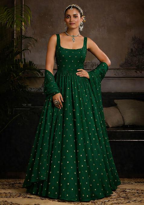 Bottle Green Mirror Work Georgette Anarkali With Dupatta