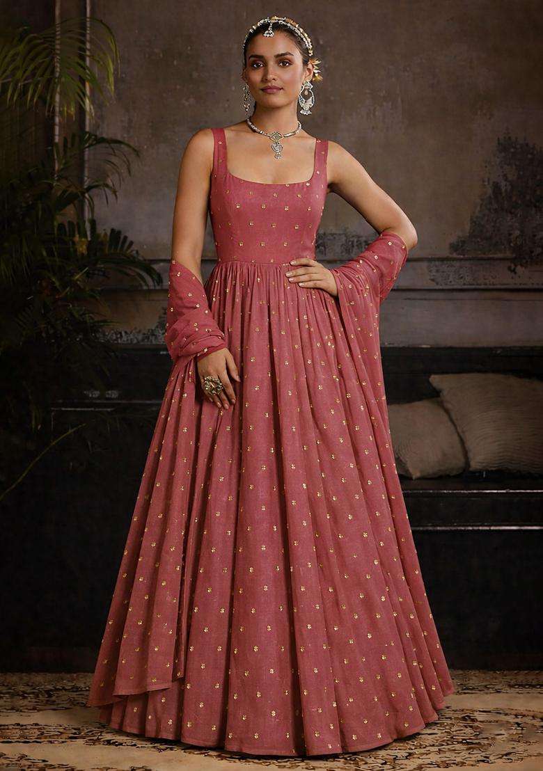 Dusty Pink Mirror Work Georgette Anarkali With Dupatta - Indya