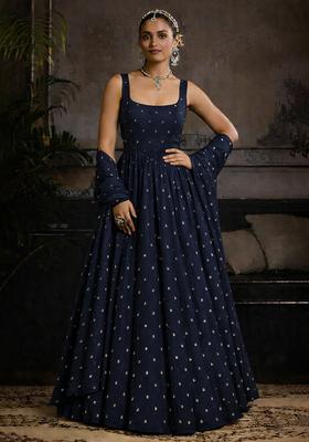 Midnight Blue Mirror Work Georgette Anarkali With Dupatta