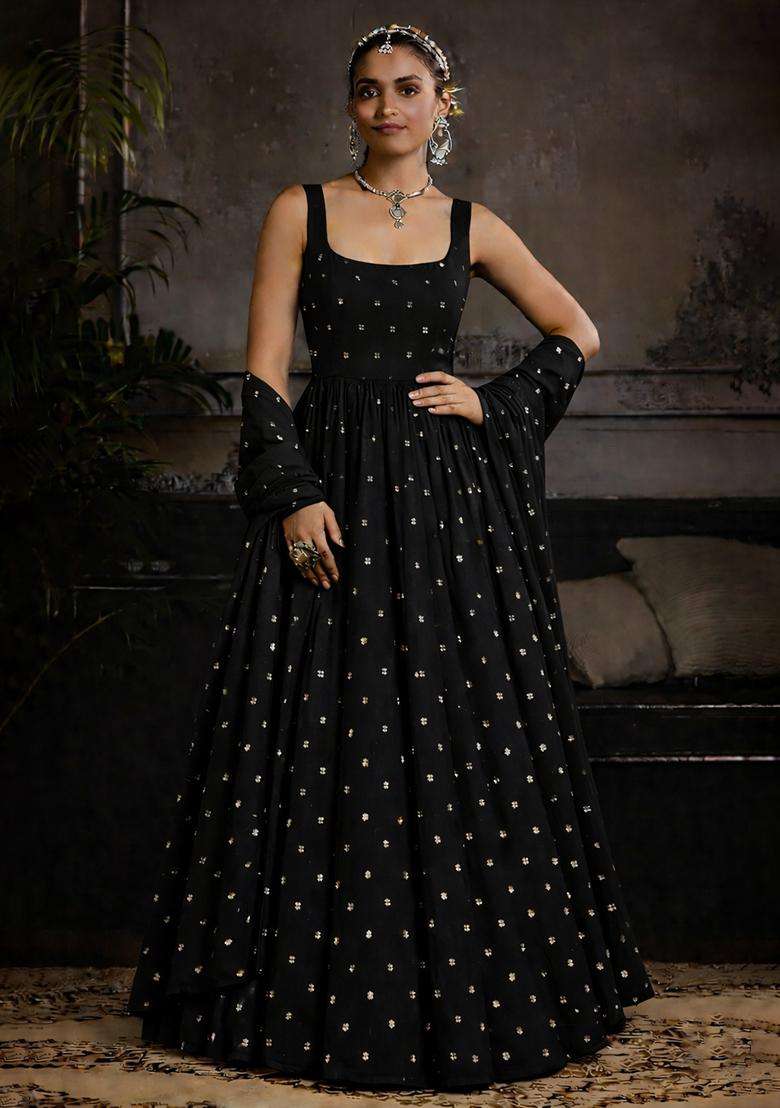 Black Mirror Work Georgette Anarkali With Dupatta - Indya