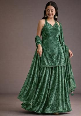 Bottle Green Solid Velvet Sharara Set