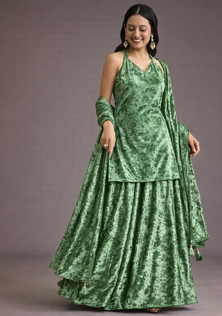 Olive Green Solid Velvet Sharara Set - Indya
