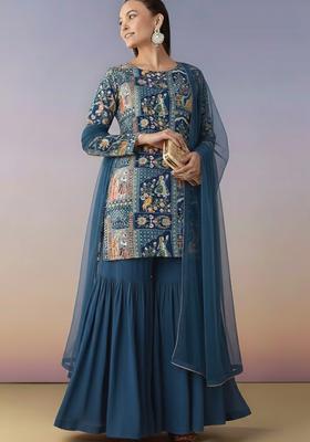 Deep Blue Figure Print Chinon Sharara Set