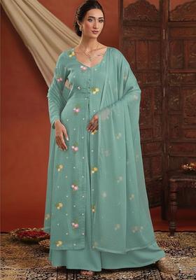 Blue Embroidered Chanderi Pakistani Suit Set