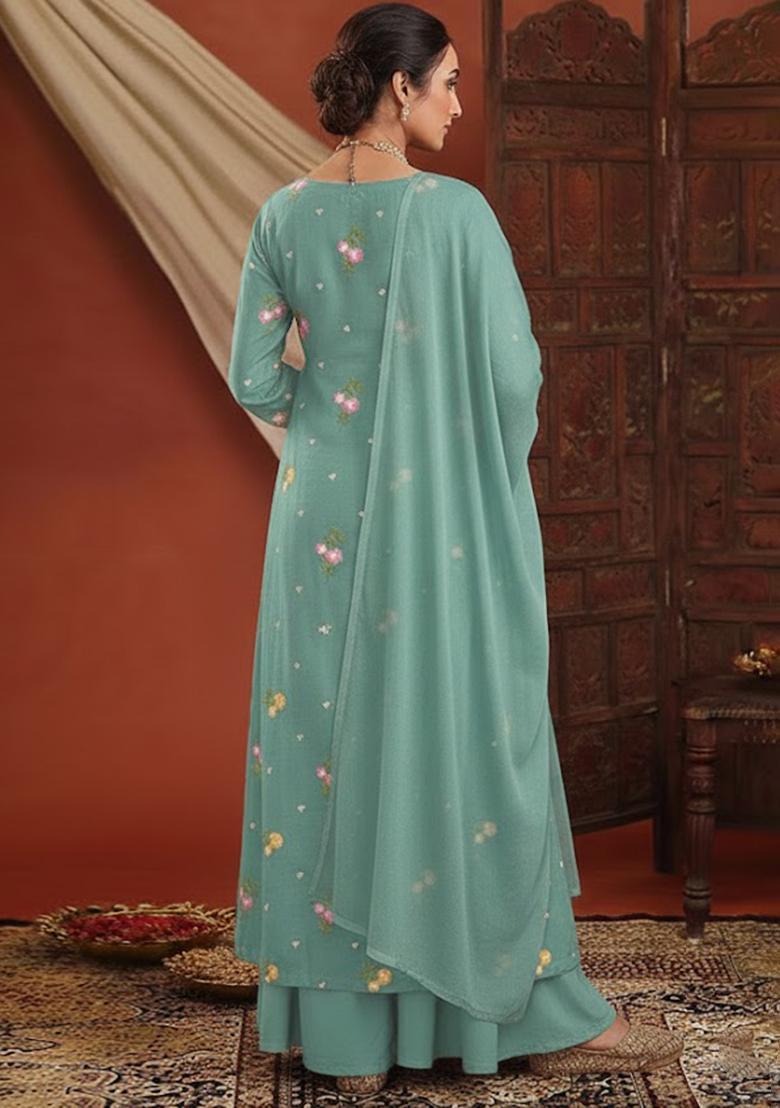 Blue Embroidered Chanderi Pakistani Suit Set - Indya