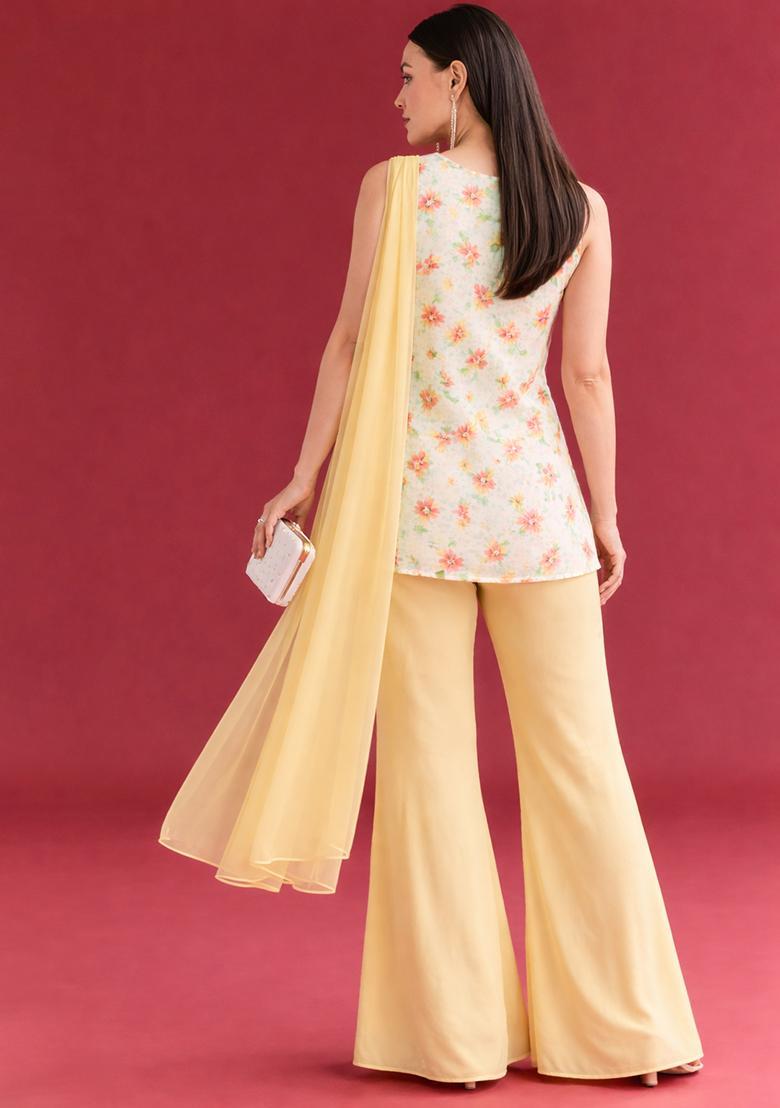 Peach Floral Print Georgette Sharara Set - Indya