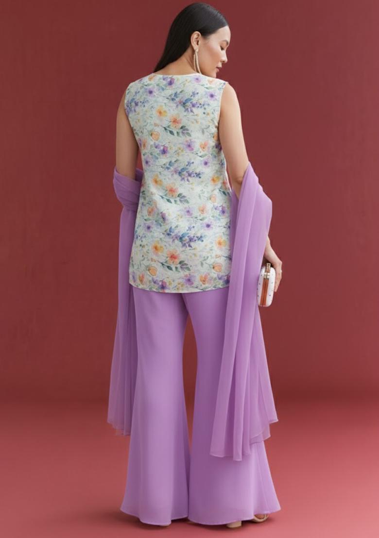 Lavender Floral Print Georgette Sharara Set - Indya