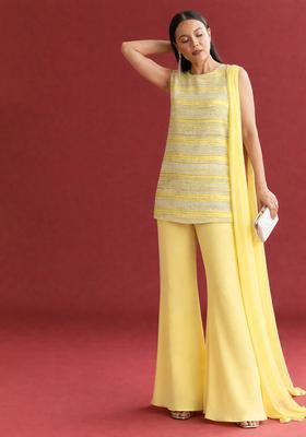 Yellow Striped Georgette Straight Kurta Set