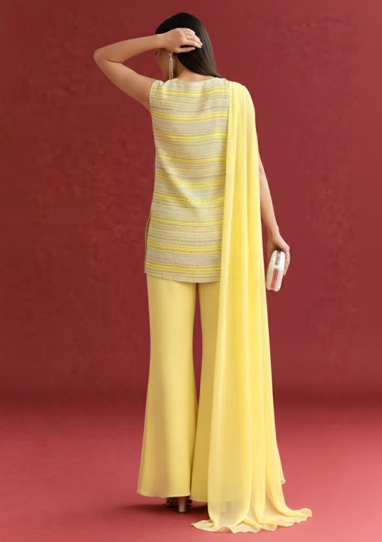 Yellow Striped Georgette Straight Kurta Set - Indya