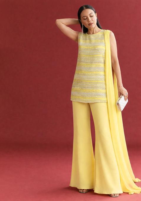 Yellow Striped Georgette Straight Kurta Set