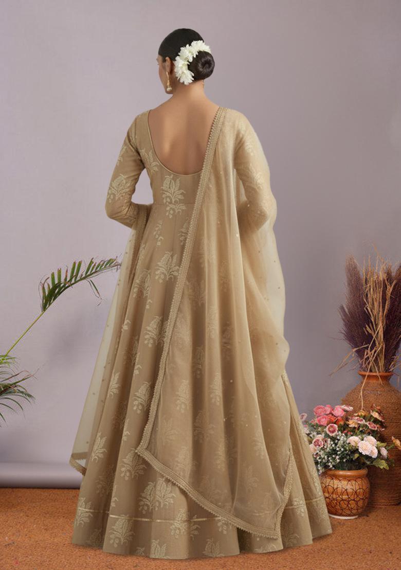 Beige Brocade Anarkali With Dupatta - Indya