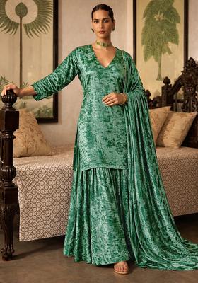 Bottle Green Solid Velvet Sharara Set