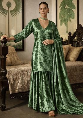 Olive Green Solid Velvet Sharara Set